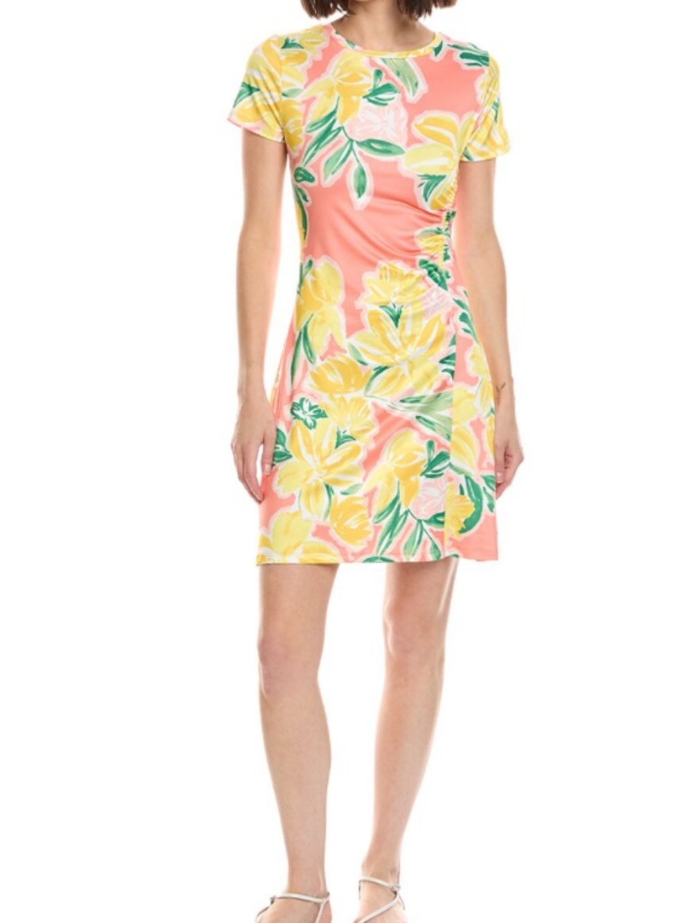 NWT Stella Parker Floral Coral and Yellow Short Sleeve Shift Dress